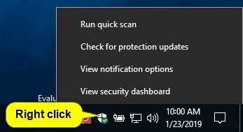 Click chuột phải vào icon Windows Security