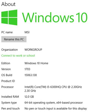 Thông số kỹ thuật trong Windows 10