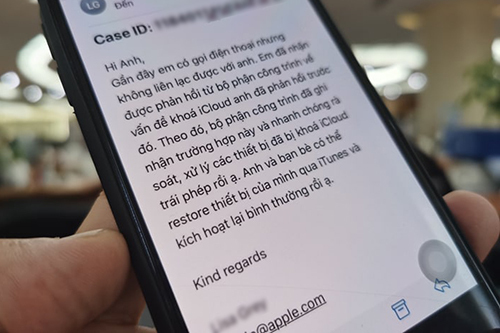Email của Apple gửi đến cho một người dùng Việt về vấn đề iPhone bị khóa iCloud. Nguồn: Duc Trong