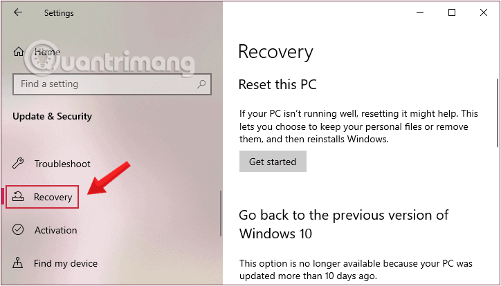Click chuột vào Recovery từ cửa sổ Settings